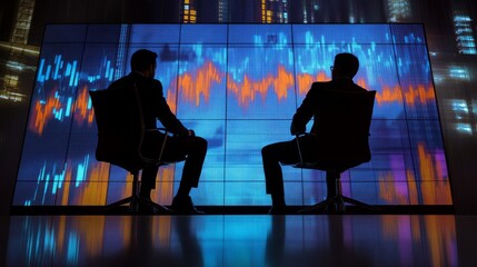 Two silhouetted figures observe vibrant financial data displayed on a large screen, highlighting trends and analytics in a modern setting.