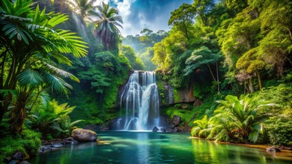 In a vibrant jungle paradise, a serene waterfall cascades gently, nourishing lush greenery and creating a harmonious atmosphere filled with the beauty of nature.