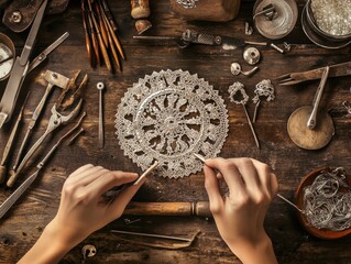 A person carefully working on a detailed metal lace design surrounded by various crafting tools on a wooden workspace.
