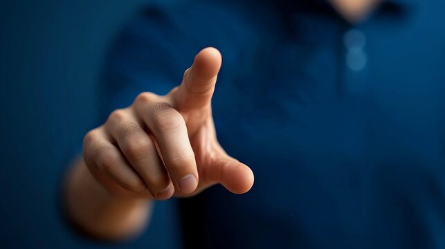 Click to Connect: A close-up shot of a hand reaching out, finger pointing towards the viewer, suggesting interaction, choice, and digital connection.  The image is set against a deep blue background.