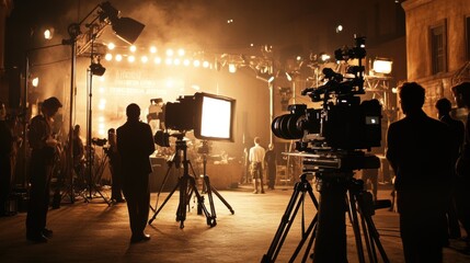 A movie set with actors in costume, lights, and cameras all set up, capturing a dramatic scene