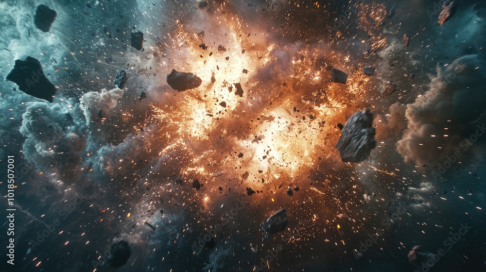 Poster a stunning cosmic explosion with vibrant colors and debris floating in space, capturing the dynamic 