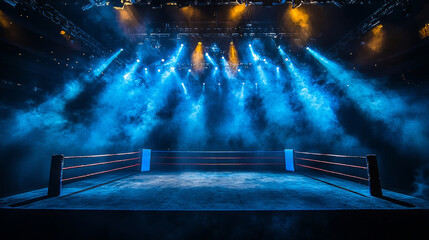 boxing ring is illuminated by dramatic spotlights with a cloud of smoke enveloping the area. The atmosphere is electric hinting at an intense showdown to come.