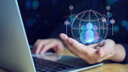 Customer Relationship Management, Businessman use computer with global structure customer network technology, Data exchanges development. customer service, social media. digital marketing online