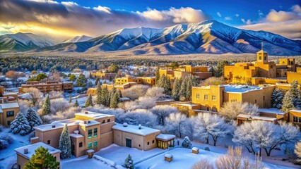 Obraz premium In stunning Santa Fe, New Mexico, winter transforms the landscape into a breathtaking tableau, featuring snow-laden mountains and captivating, historic architecture.
