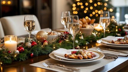 A Christmas table set for a festive feast, with candles, evergreen garlands, and sparkling wine glasses