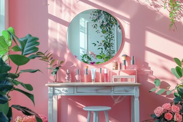 A cozy beauty vanity setup featuring a round LED mirror, well-organized skincare products, and soft lighting for a relaxing beauty routine experience.