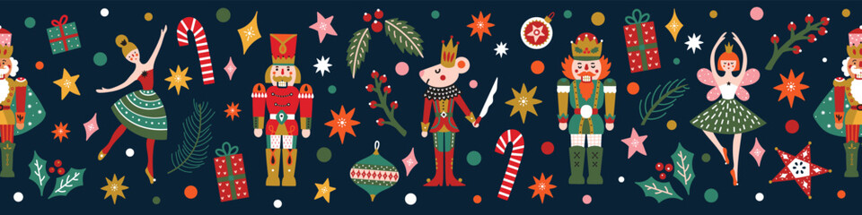 Nutcracker. Cute colorful Christmas gorizontal border. Christmas gold motifs.