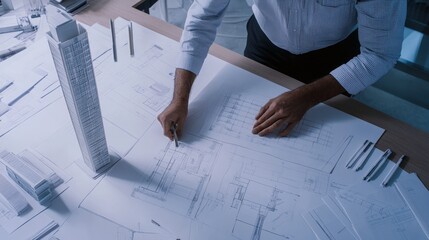 An architect sketches building plans next to a 3D model on a table filled with architectural blueprints and tools.