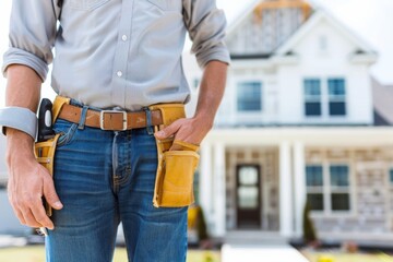 A handyman wearing a tool belt stands in front of a brick house, ready for home improvement or repair work.