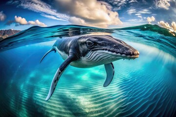 In the tranquil depths, a majestic whale elegantly swims, gliding smoothly through crystal-clear waters, a breathtaking display of nature's grace and serenity.