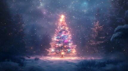 Glowing Christmas Tree in Snowy Winter Forest Landscape at Night