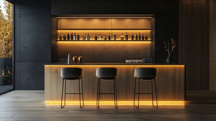 A stylish modern bar with elegant lighting, wooden accents, and minimalist design, perfect for contemporary interiors.