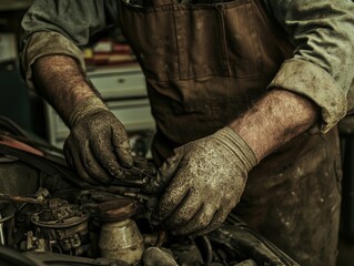 A mechanic's hands work diligently on a car engine, showcasing the intricacies of automotive repair with dirt and grease evident on their gloves.