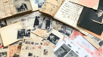 A scrapbook filled with family photos, ticket stubs, and handwritten notes documenting past memories