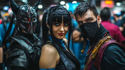 Fans cosplaying as favorite characters at convention. Colorful cosplay costume