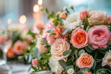 Fototapeta premium A luxurious floral arrangement of peach roses as the centerpiece on a beautifully set dining table, perfect for special events and celebrations.