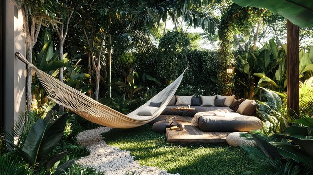 A tranquil garden oasis featuring a hammock, cozy cushions, and lush greenery, perfect for relaxation and leisure.