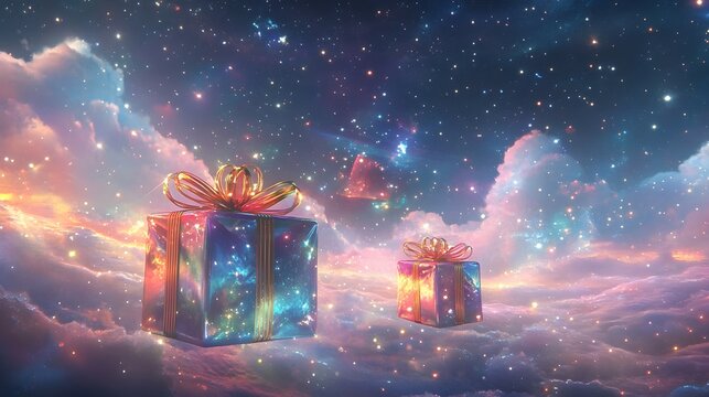 Floating Magical Gift Boxes Under Celestial Starry Night Sky with Glowing Clouds