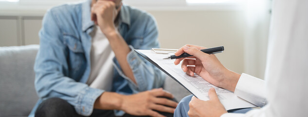 mental health care therapy concept, psychologist counseling to anxiety patient and giving guidance...