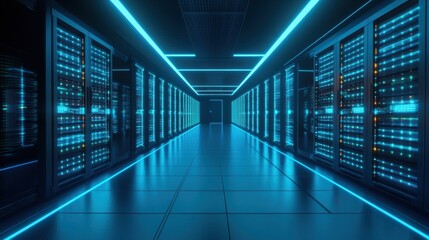 Fototapeta premium A sleek, modern data center filled with rows of glowing servers, surrounded by blue ambient lighting