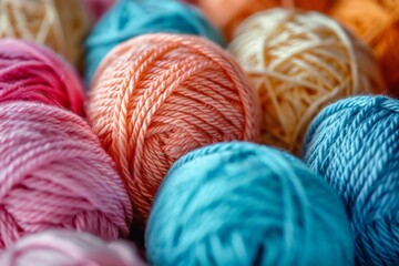 A vibrant collection of multicolored yarn balls in various shades, perfect for knitting and crochet projects, providing a colorful array of crafting materials.