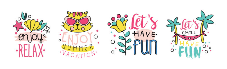 Summer Day Chill and Relax Sticker with Inscription Vector Set