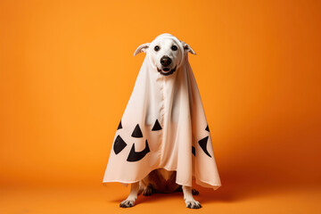 Dog dress Halloween ghost holding against orange background