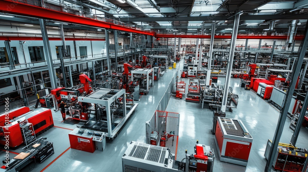 Poster a vibrant and modern factory interior showcasing advanced robotics and automated machinery for effic