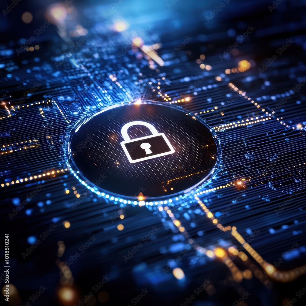 Poster digital padlock symbol in a futuristic circuit board background, representing cybersecurity and data