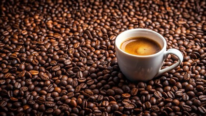 Fototapeta premium Close up of a coffee cup surrounded by fresh coffee beans, coffee, cup, beans, espresso, drink, caffeine, aroma, morning