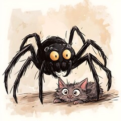Playful Spider Chasing Curious Kitten in Spooky Forest Setting
