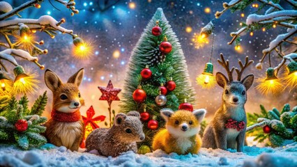 Fototapeta premium Joyful Winter Solstice Celebration with Cute Animals, Snowflakes, and Festive Decorations in Nature