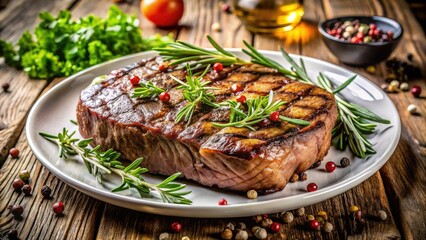 Juicy grilled steak adorns a pristine white plate, enhanced with fresh herbs and spices, setting a charming rustic scene for an unforgettable meal.