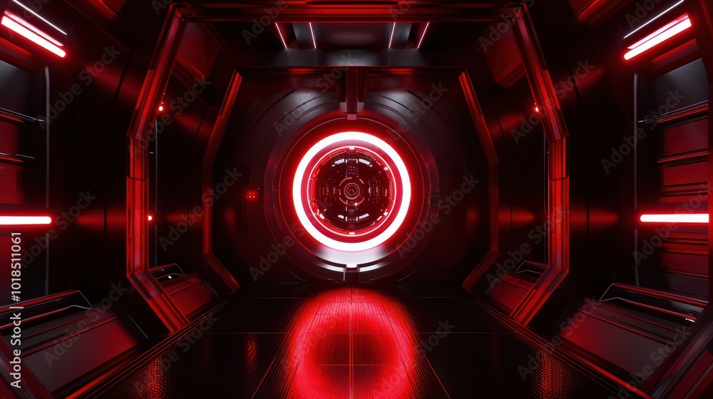 Poster futuristic red corridor with glowing lights and a circular portal, creating a sci-fi atmosphere.