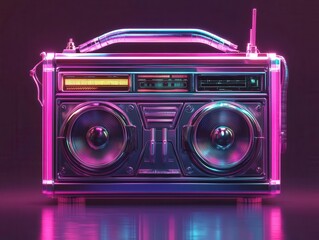 retro-futuristic boombox with holographic displays and levitating speakers. vibrant neon accents against metallic body. dynamic sound waves visualized in 3d around the device.