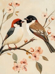 Fototapeta premium Elegant depicting a pair of birds perched gracefully on a flowering branch showcasing a serene and detailed natural scene in muted earthy tones