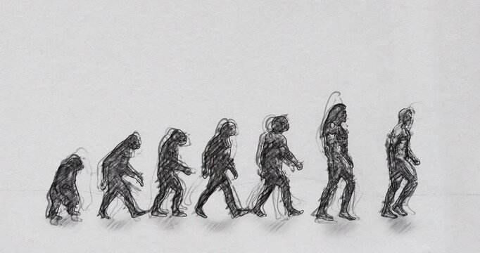 March of Progress from Primate to Modern Human Pencil Sketch