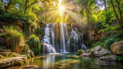 Fototapeta premium Natural waterfall in Madrid forest with sunlight filtering through vegetation and rocks, waterfall, Cascada del Hervidero