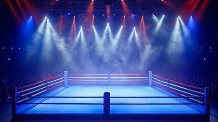 epic boxing ring awaits in a Fight Night setting illuminated by dramatic spotlights and shrouded in smoke evoking a thrilling atmosphere for the upcoming match.