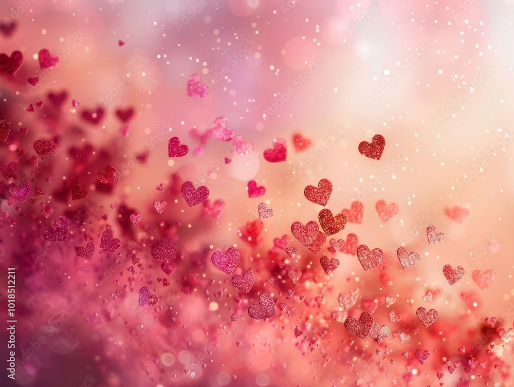 Poster romantic background with cascading heart shapes in various sizes. soft focus gradient from blush pin