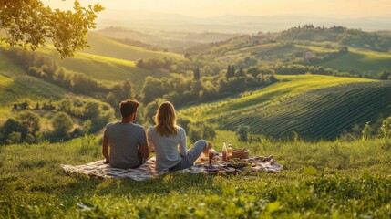 Couple enjoying a picnic on a hilltop with a scenic view of rolling hills and vineyards.