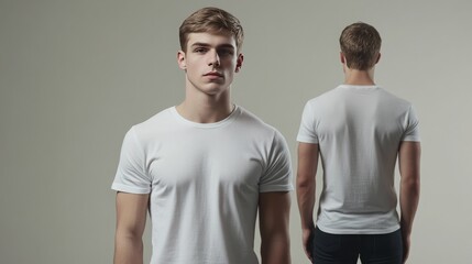 young man in blank white t-shirt, front and back view, t-shirt mockup
