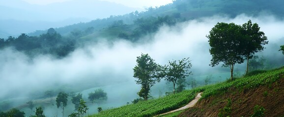 Misty mountain path winding through lush greenery.