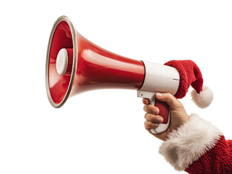 A hand adorned with a festive Santa hat grips a megaphone, ready to announce a joyous holiday message.