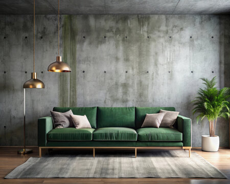 A green couch sits in a living room with a potted plant and two lamps. The room has a modern and minimalist design, with a neutral color palette and clean lines