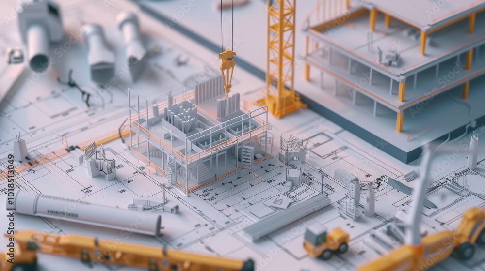Poster detailed construction site model showcases various tools and machinery, emphasizing intricate planni