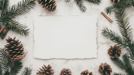 Blank greeting card or invitation with place for text surrounded by wrapped gifts and Christmas decorations on a white wooden background. Flat lay composition for design and print