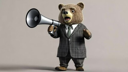 Bear in a suit holding a megaphone.