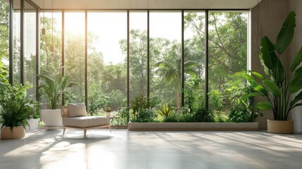 Modern Interior with Large Windows and Sunlit Greenery